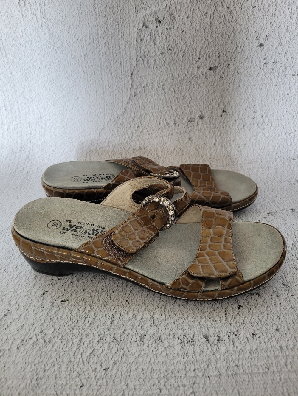 Volks Walkers Brown Croc-Embossed Comfort Slide Sandals With Adjustable Buckle